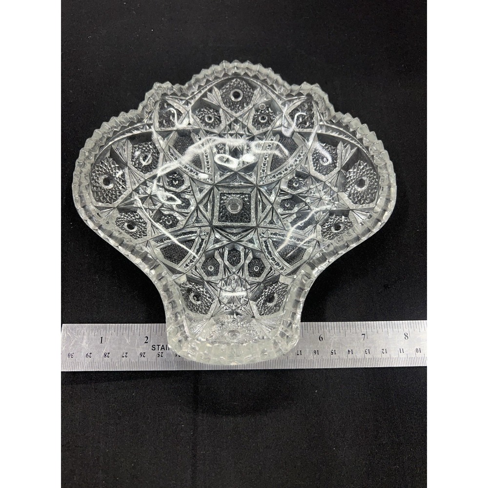 Antique 1904 Mckee Prescut Toltec Fan Shaped, Cut Glass Dish w/Sawtooth Edge EUC